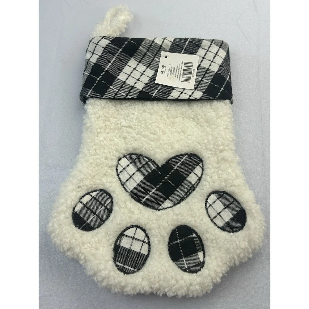 Hobby Lobby Christmas Stocking Sherpa Plaid Paw Print Pet Dog Cat 13